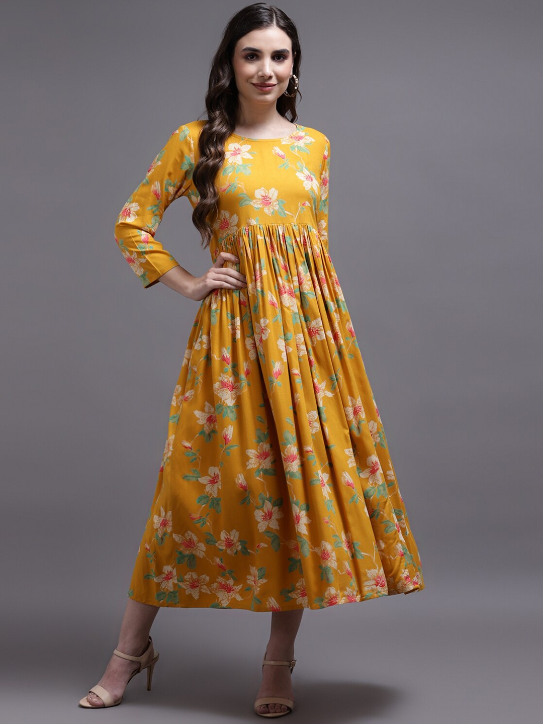 

Cora Floral Printed A-Line Maxi Ethnic Dress, Yellow