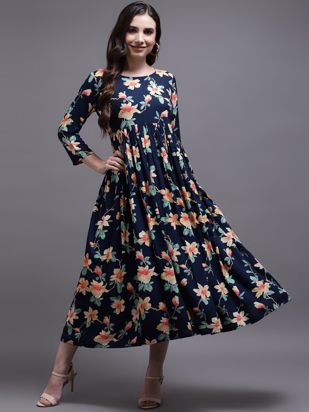 

Cora Floral Printed A-Line Maxi Ethnic Dresses, Navy blue