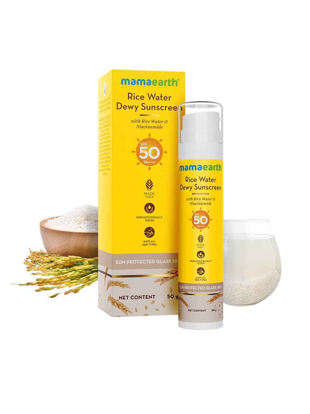 

Mamaearth Rice Water SPF50 PA+++ Dewy Sunscreen with Niacinamide - 50 g, Yellow