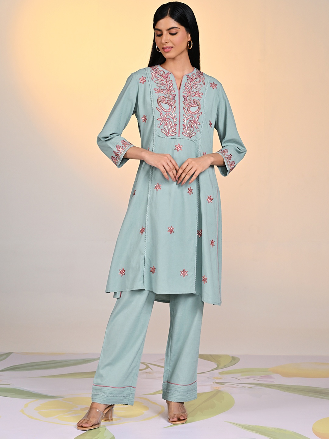 Lakshita Floral Embroidered Regular Thread Work Kurta with Palazzos, Blue