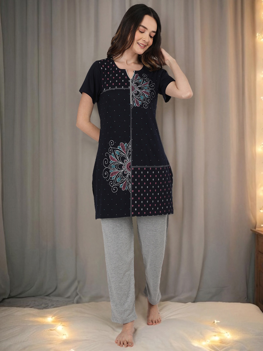 

Duchess Printed Longline Cotton Night suit, Navy blue