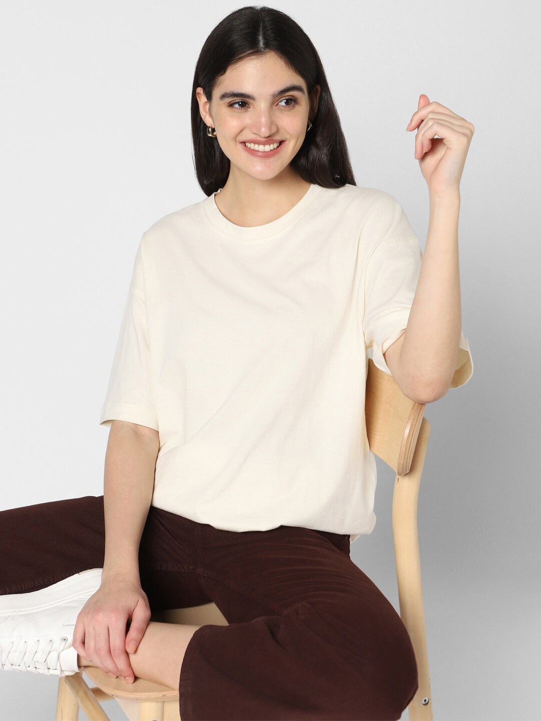 

VASTRADO Round Neck Drop-Shoulder Sleeves Cotton Oversized T-shirt, Off white