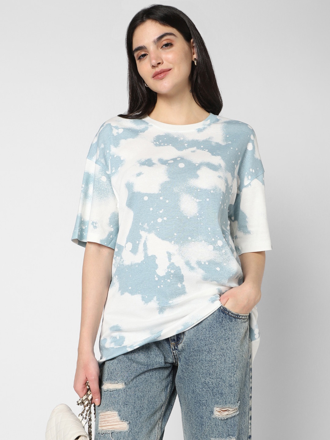 

VASTRADO Tie & Dye Printed Round Neck Drop-Shoulder Sleeves Cotton Oversized T-shirt, Blue