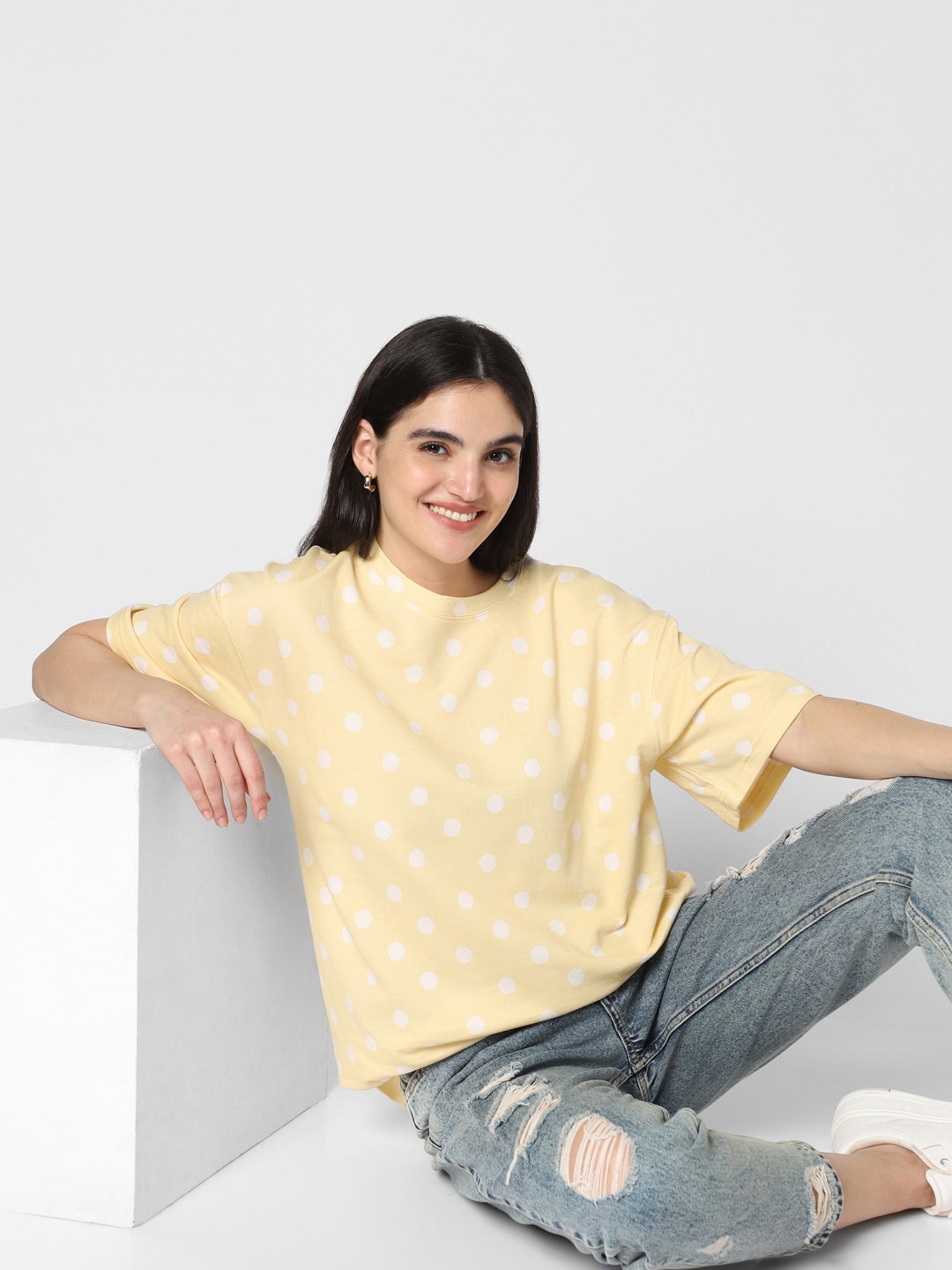 

VASTRADO Polka Dots Printed Round Neck Drop-Shoulder Sleeves Cotton Oversized T-shirt, Yellow