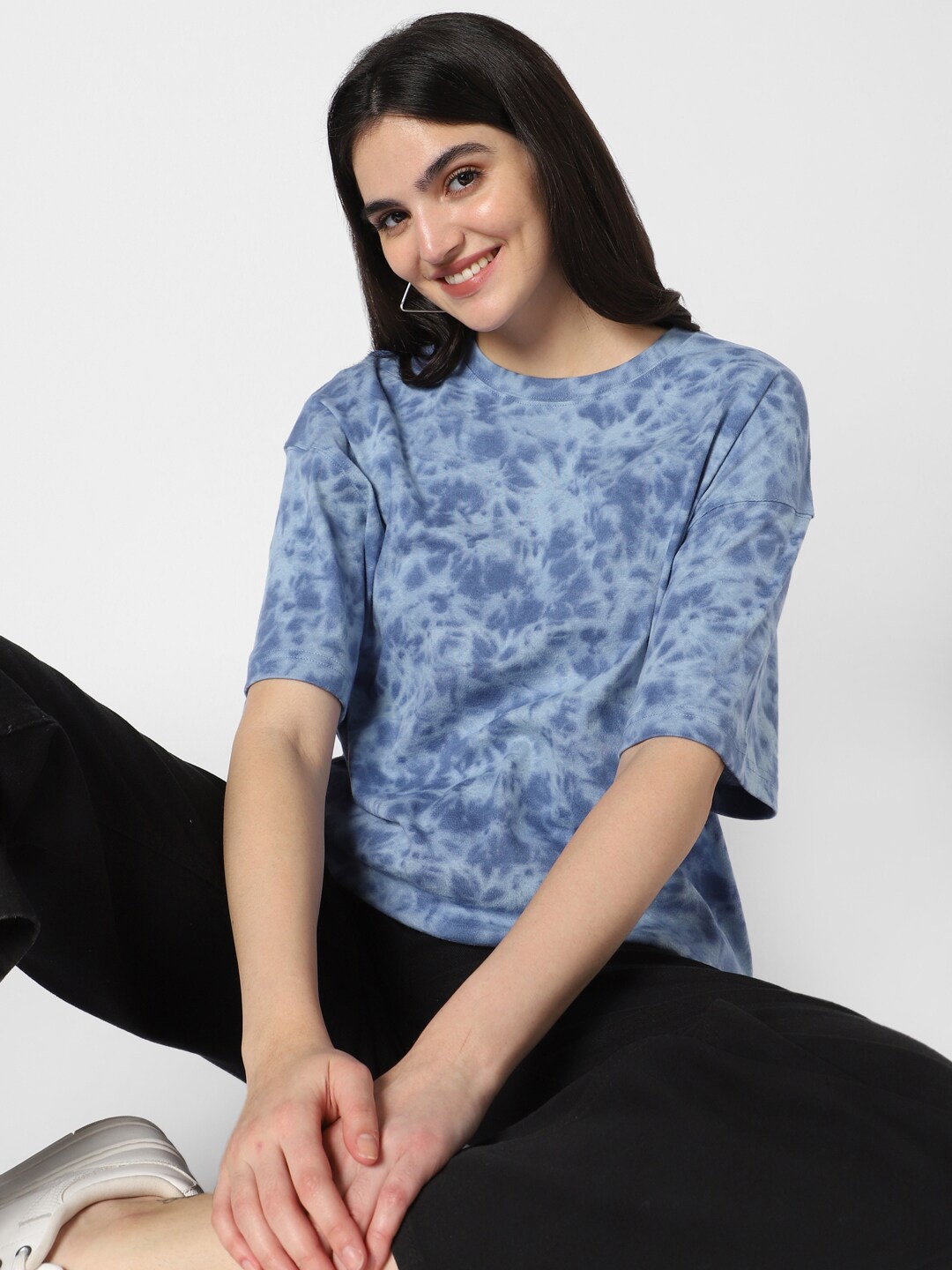 

VASTRADO Tie & Dye Printed Round Neck Drop-Shoulder Sleeves Cotton Oversized T-shirt, Blue