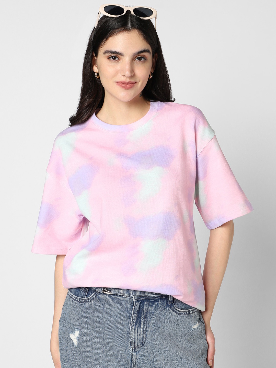 

VASTRADO Tie & Dye Printed Round Neck Drop-Shoulder Sleeves Cotton Oversized T-shirt, Pink
