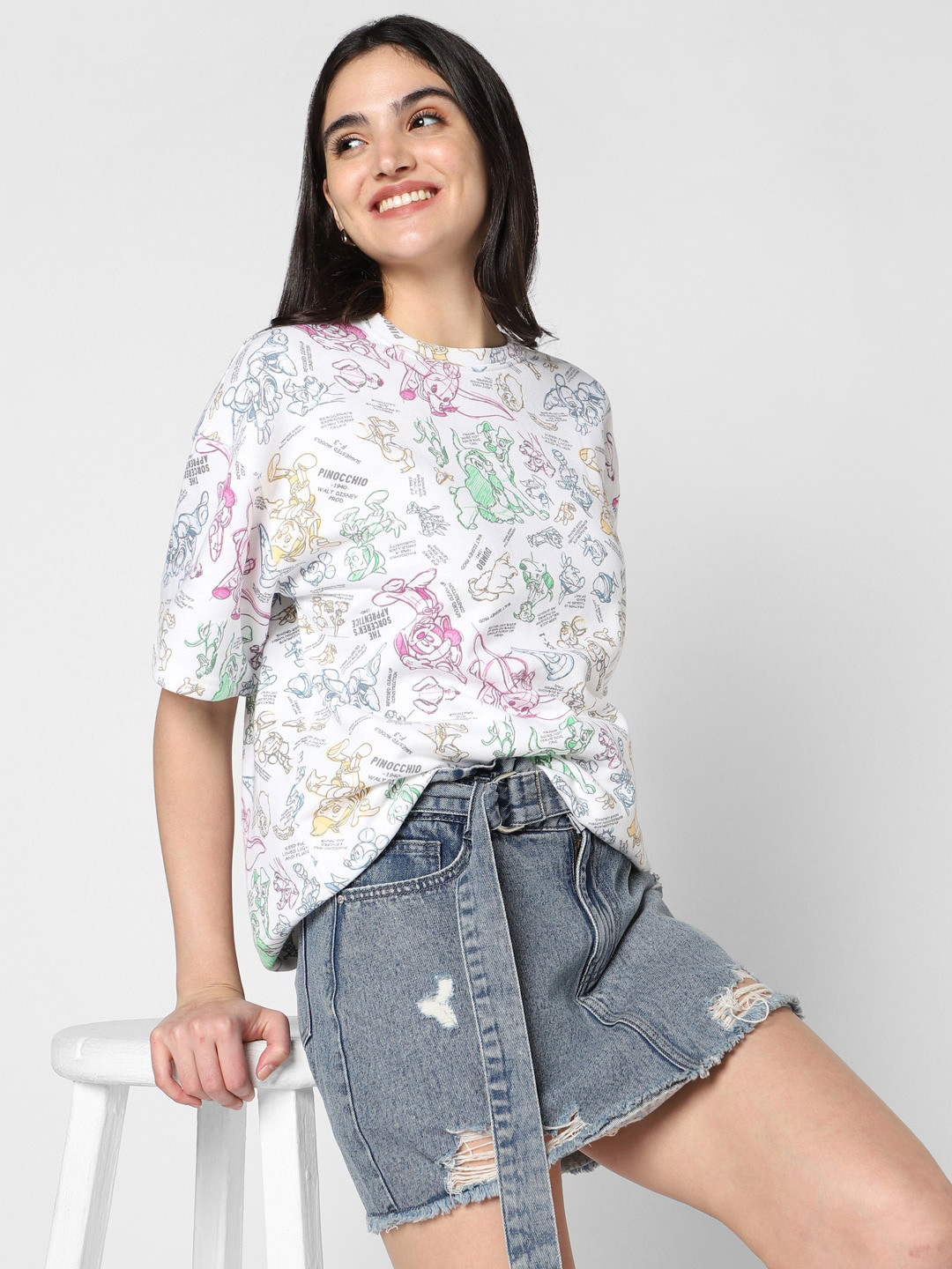 

VASTRADO Cartoon Printed Round Neck Drop-Shoulder Sleeves Cotton Oversized T-shirt, White