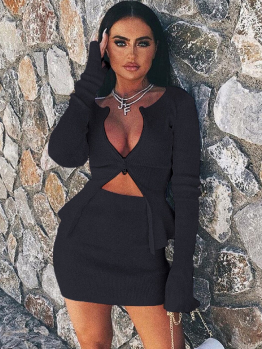 

StyleCast Black Long Sleeves Top & Skirt Set