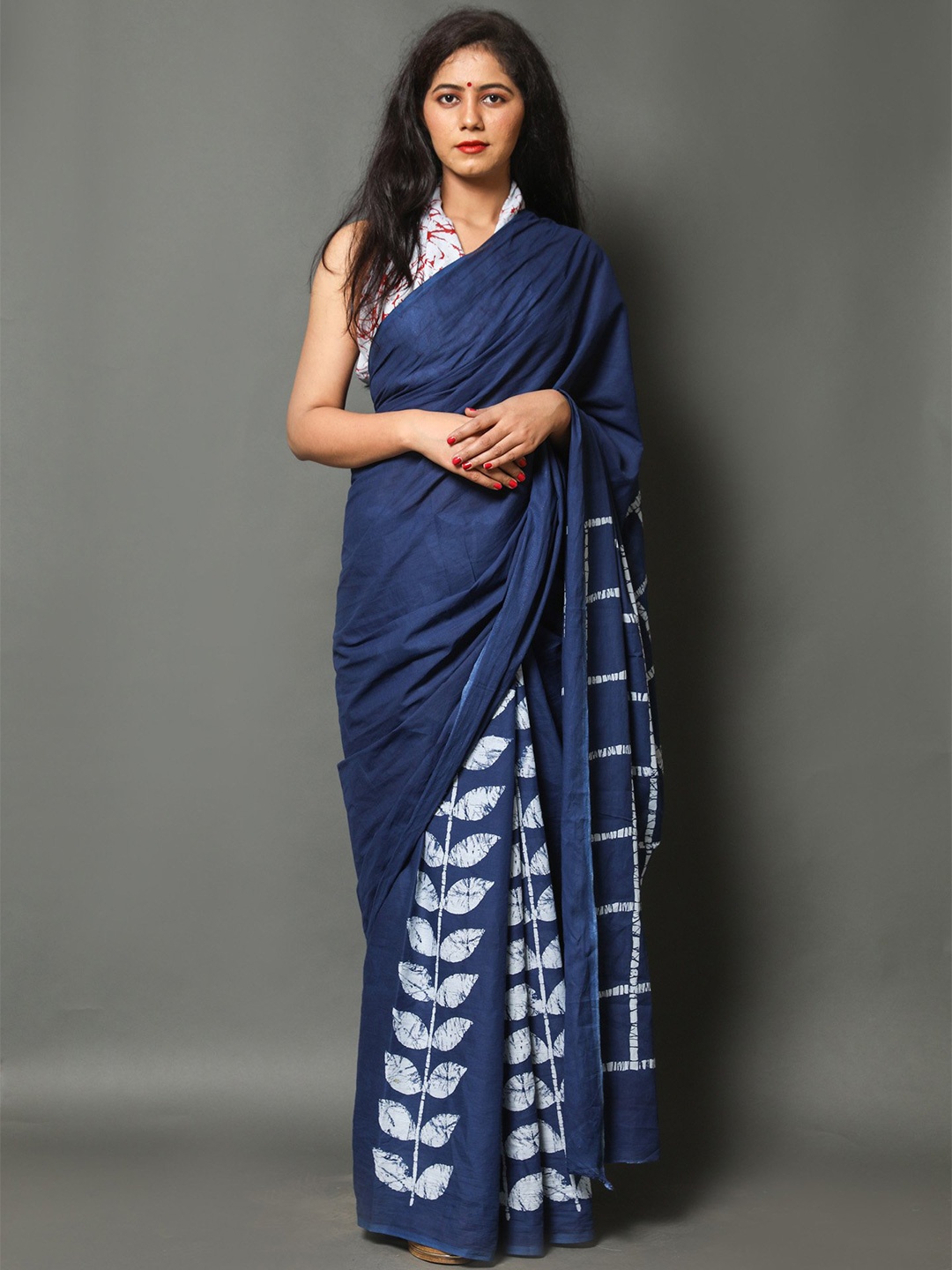 

Pinkcity Trade World Floral Printed Pure Cotton Mulmul Bagru Saree, Blue