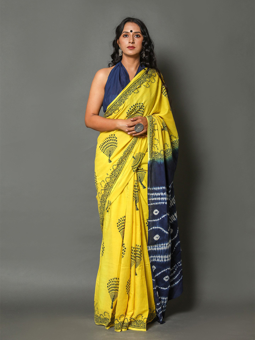 

Pinkcity Trade World Floral Printed Pure Cotton Mulmul Bagru Saree, Yellow