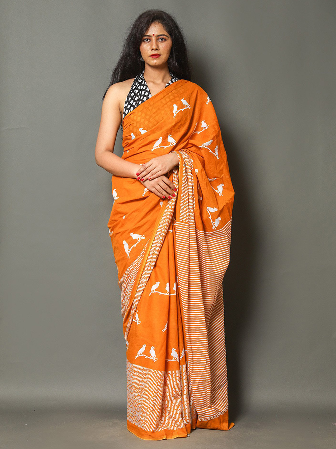 

Pinkcity Trade World Geometric Printed Pure Cotton Mulmul Bagru Saree, Orange