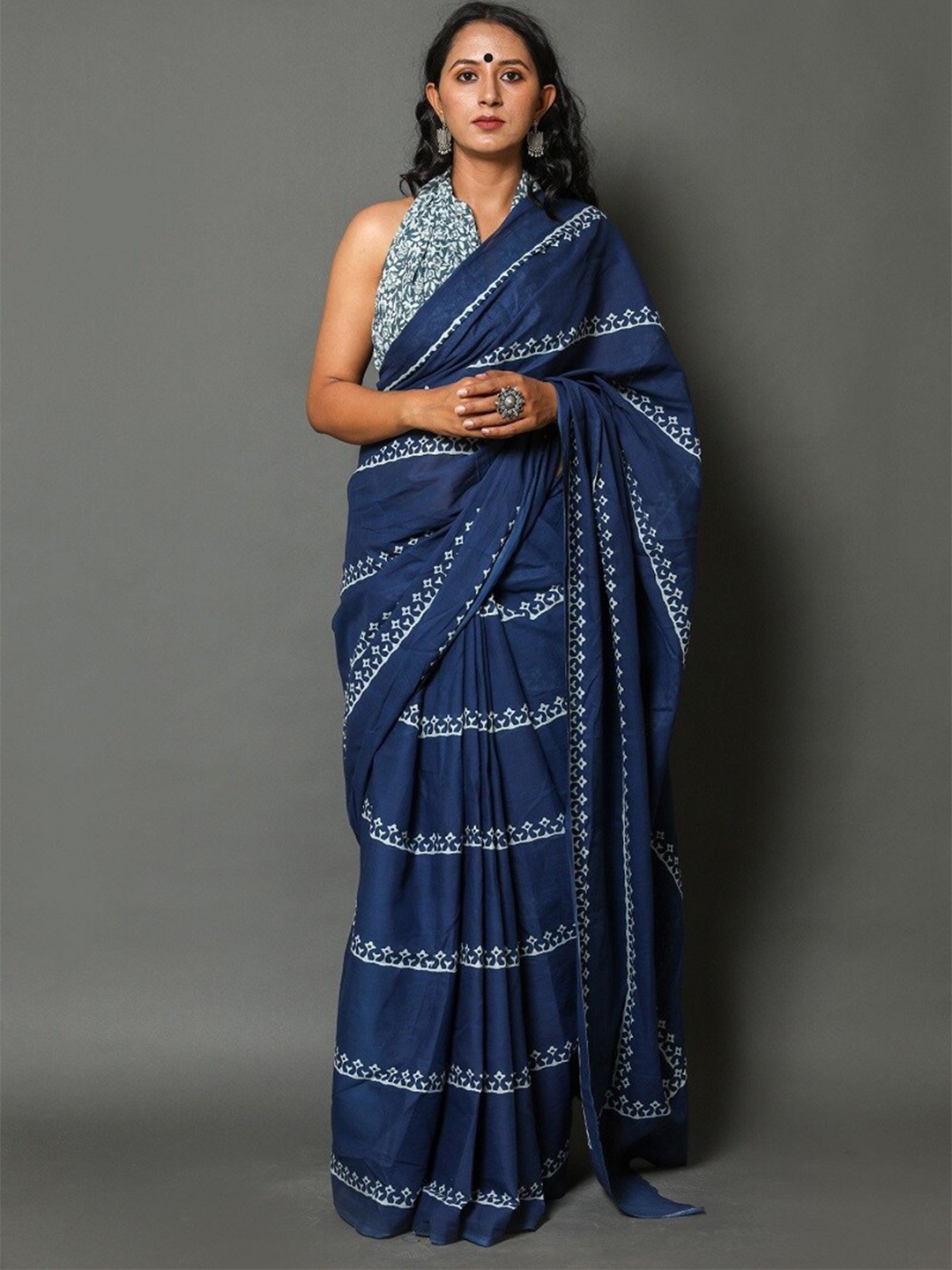 

Pinkcity Trade World Ethnic Motifs Printed Pure Cotton Mulmul Bagru Saree, Blue