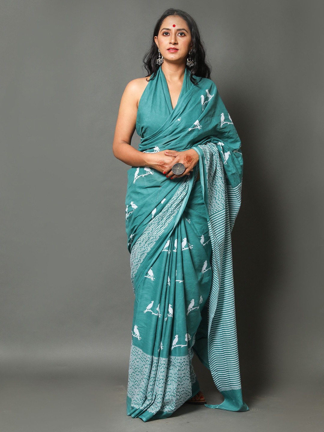 

Pinkcity Trade World Geometric Printed Pure Cotton Mulmul Bagru Saree, Green