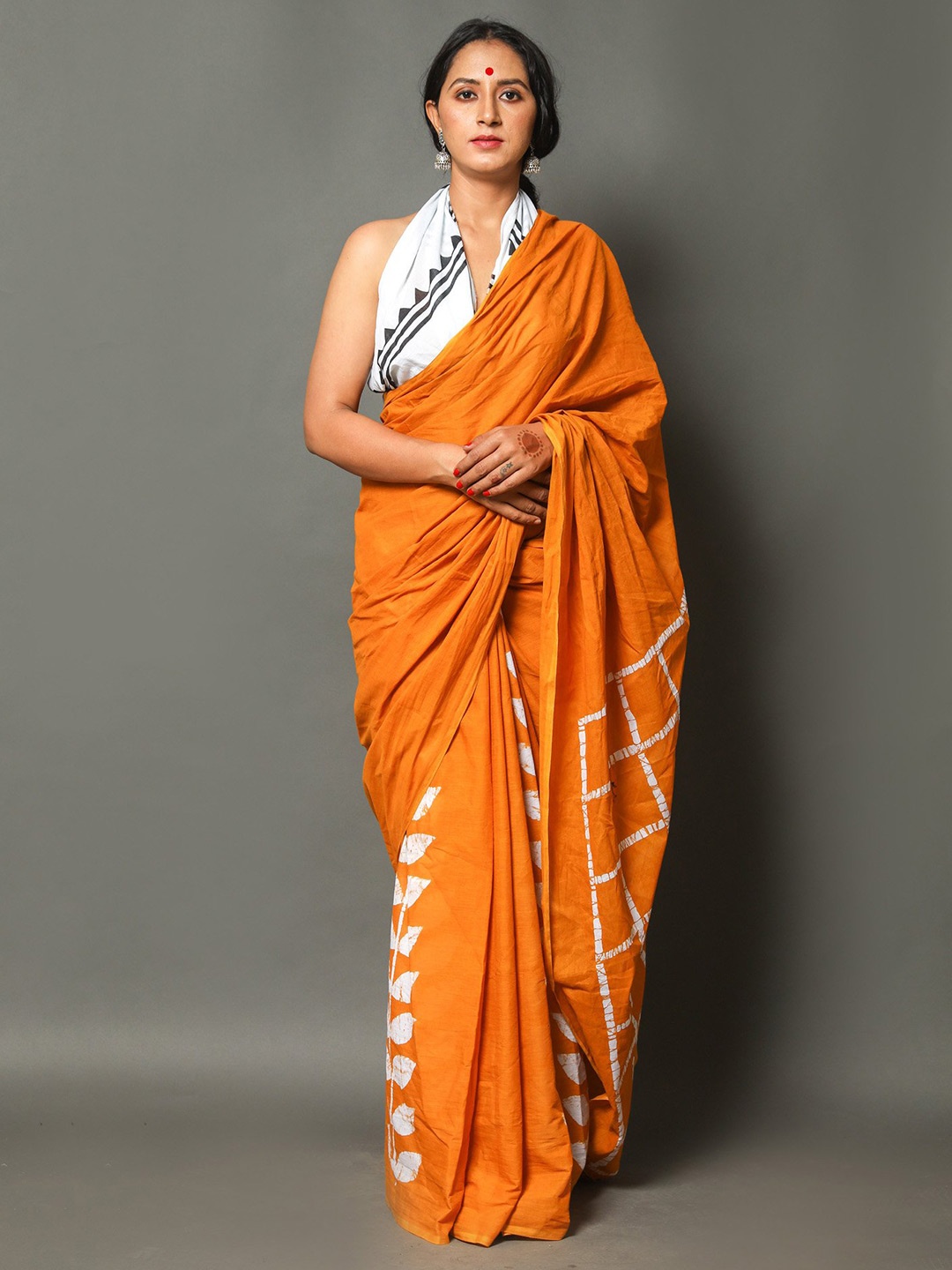 

Pinkcity Trade World Floral Printed Pure Cotton Mulmul Bagru Saree, Orange