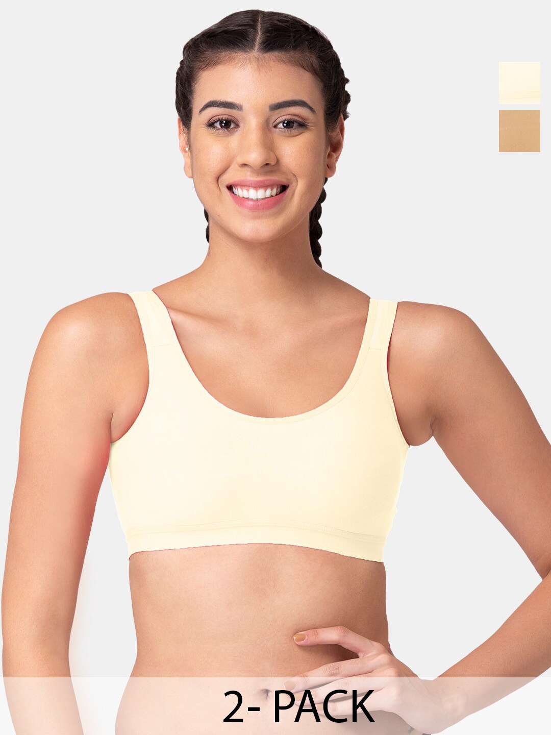 

Tweens Pack Of 2 Full Coverage Cotton Workout Bra All Day Comfort, Beige