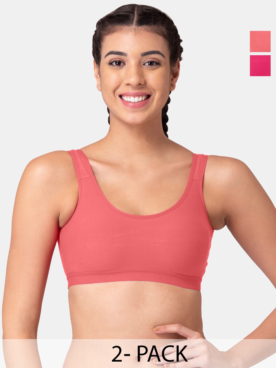 

Tweens Pack Of 2 Full Coverage Cotton Workout Bra All Day Comfort, Pink