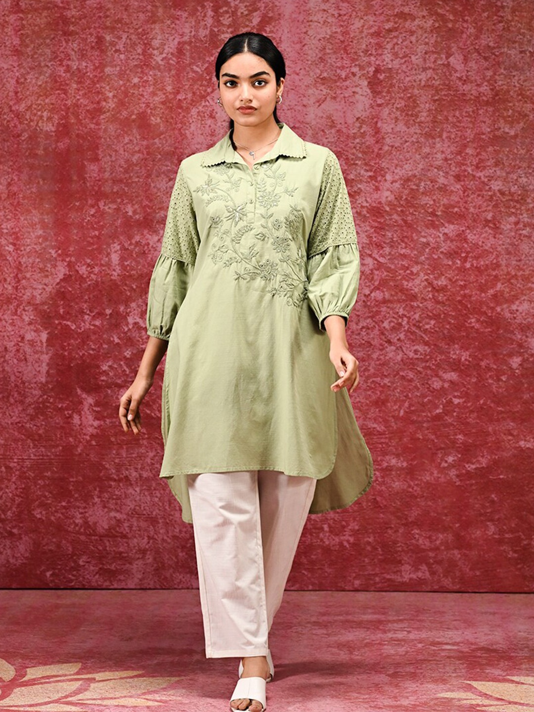 

Lakshita Floral Embroidered Schiffli Cotton Linen Tunic, Green
