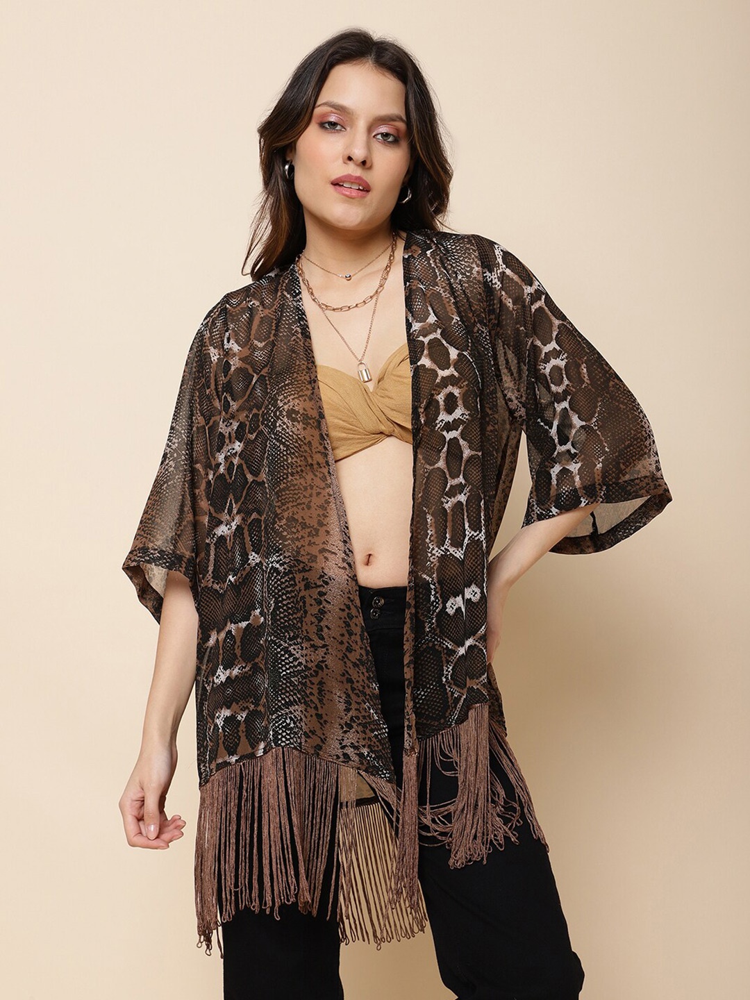 

UnaOne Animal Printed Tasselled Georgette Open Front Shrug, Rust