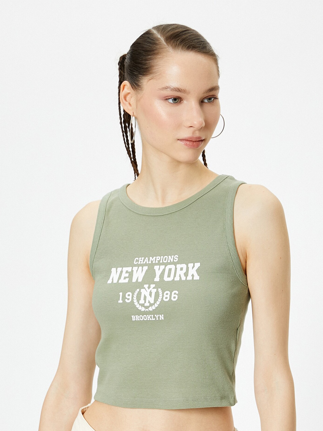 

Koton Print Cotton Crop Top, Khaki