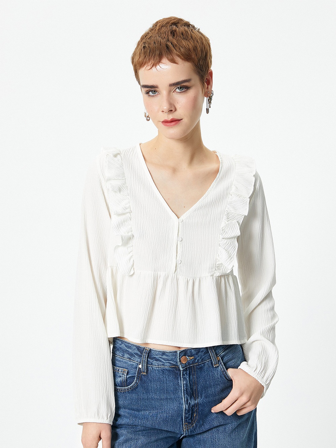 

Koton Mandarin Collar Shirt Style Top, White
