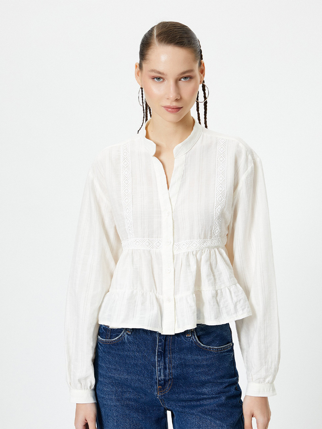 

Koton Mandarin Collar Puff Sleeve Cotton Top, Beige