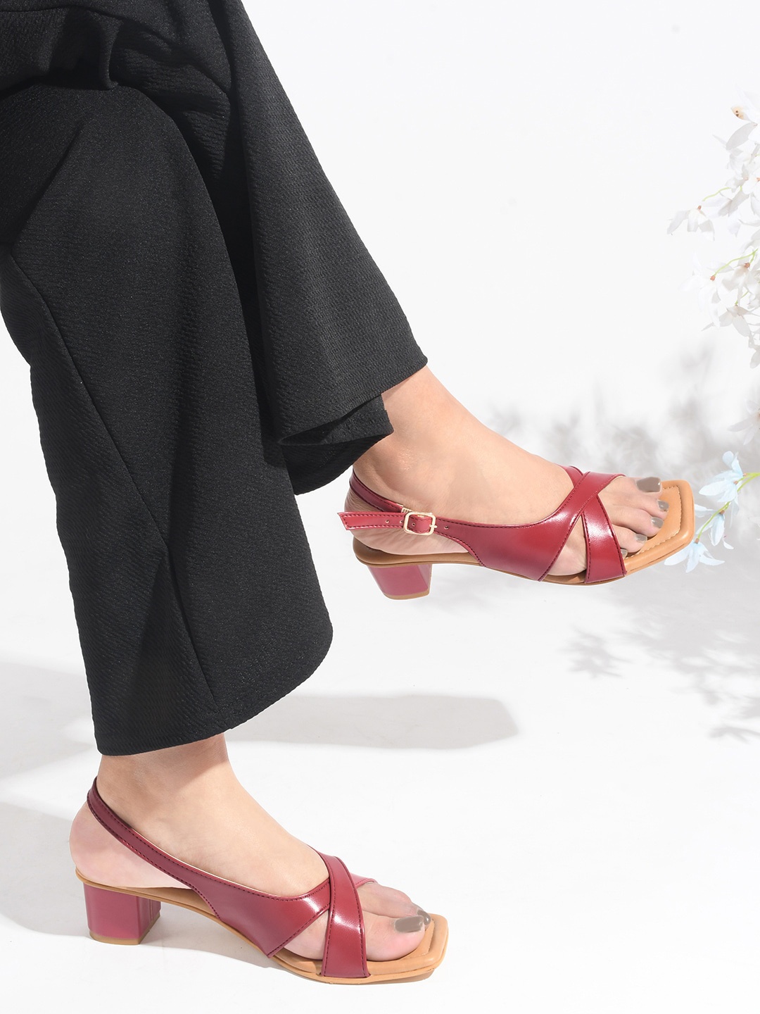 

JM Looks Colourblocked Slingback Block Peep Toes, Maroon