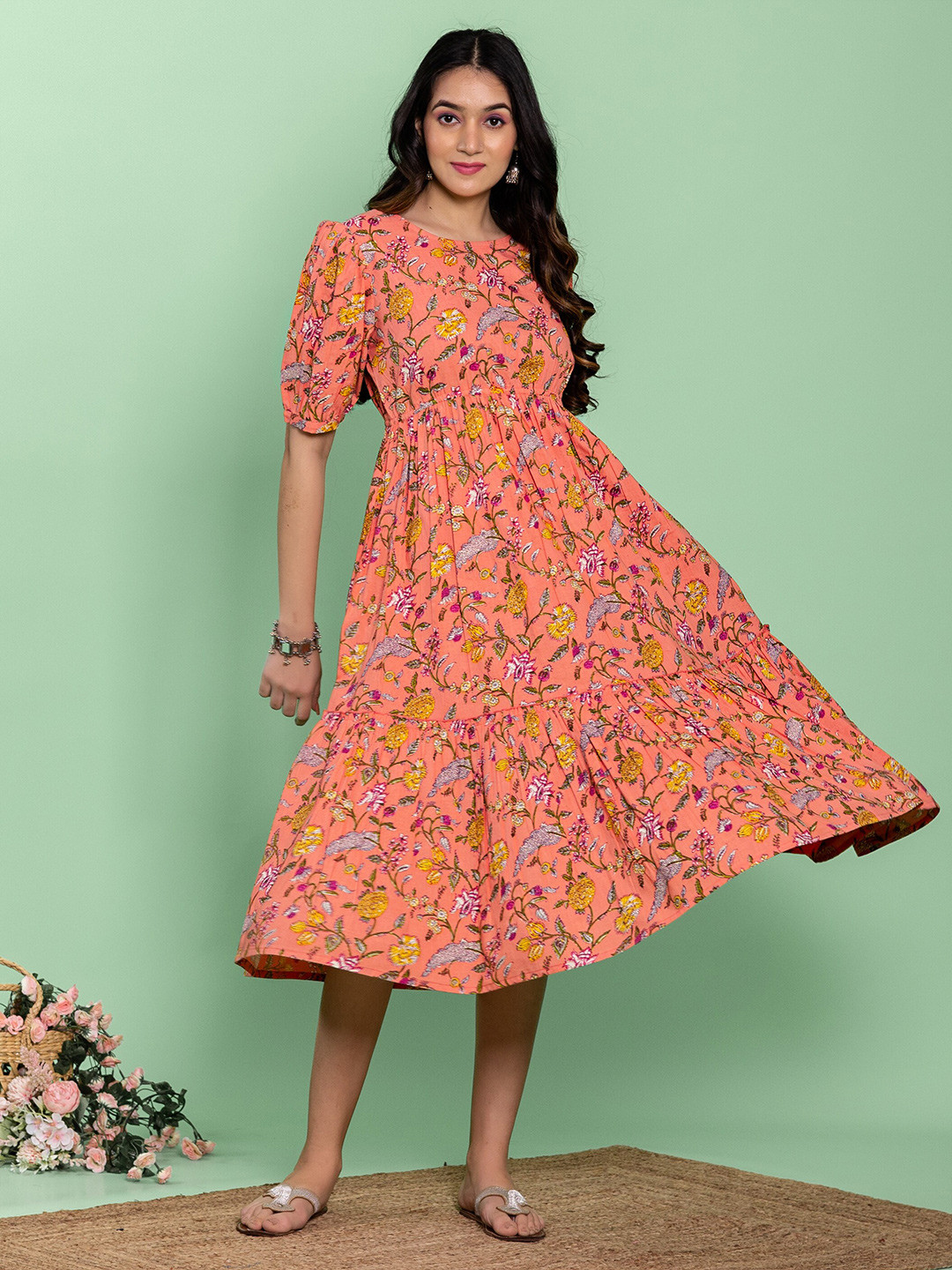 

KASYA Floral Print Puff Sleeve A-Line Midi Dress, Peach