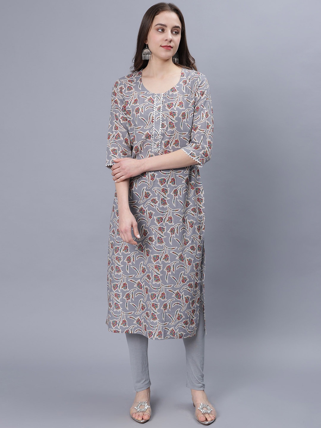 

NIGHTSPREE Women Floral Printed Sequinned Kurta, Grey