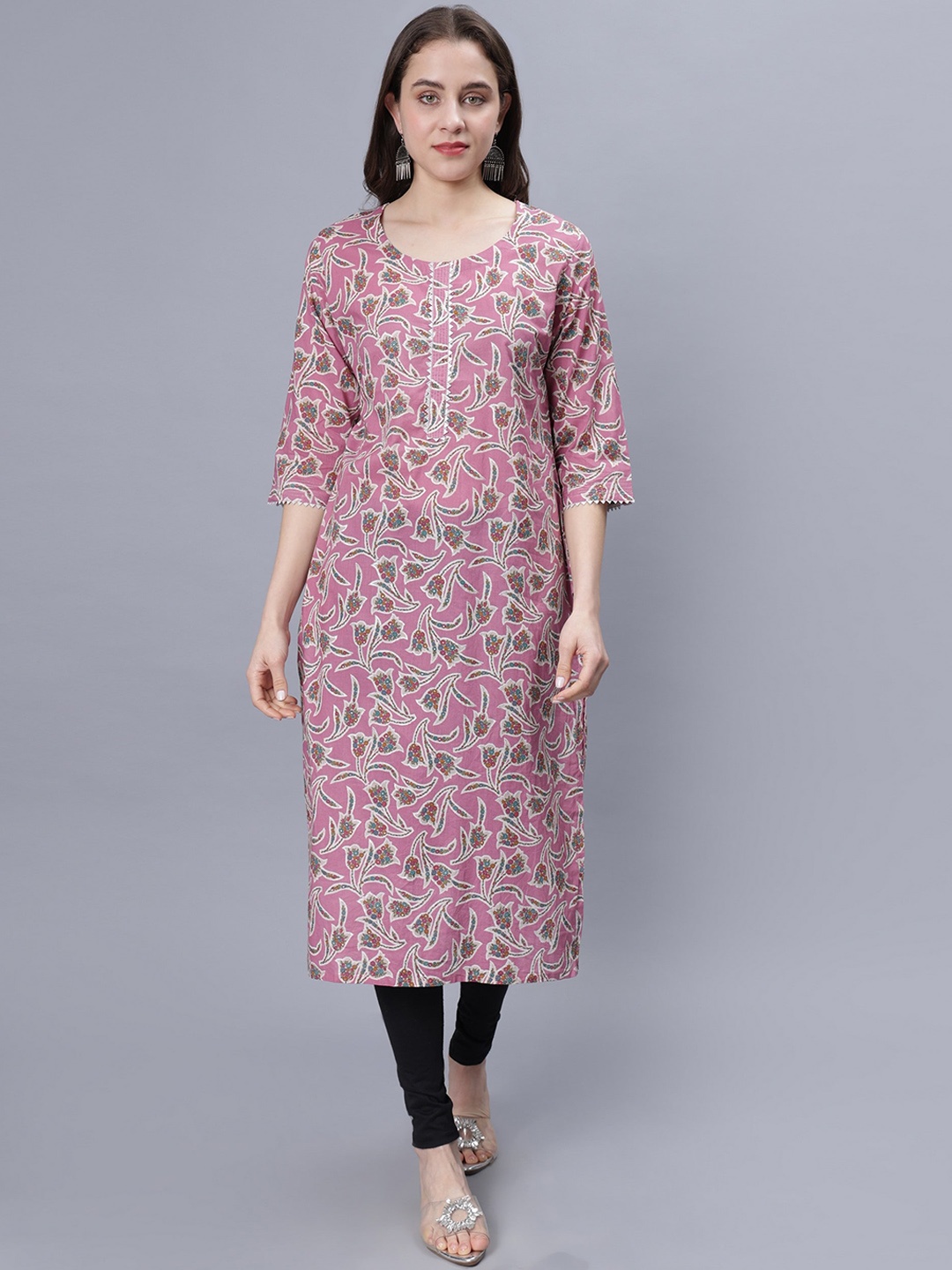 

NIGHTSPREE Women Floral Printed Mirror Work Kurta, Pink