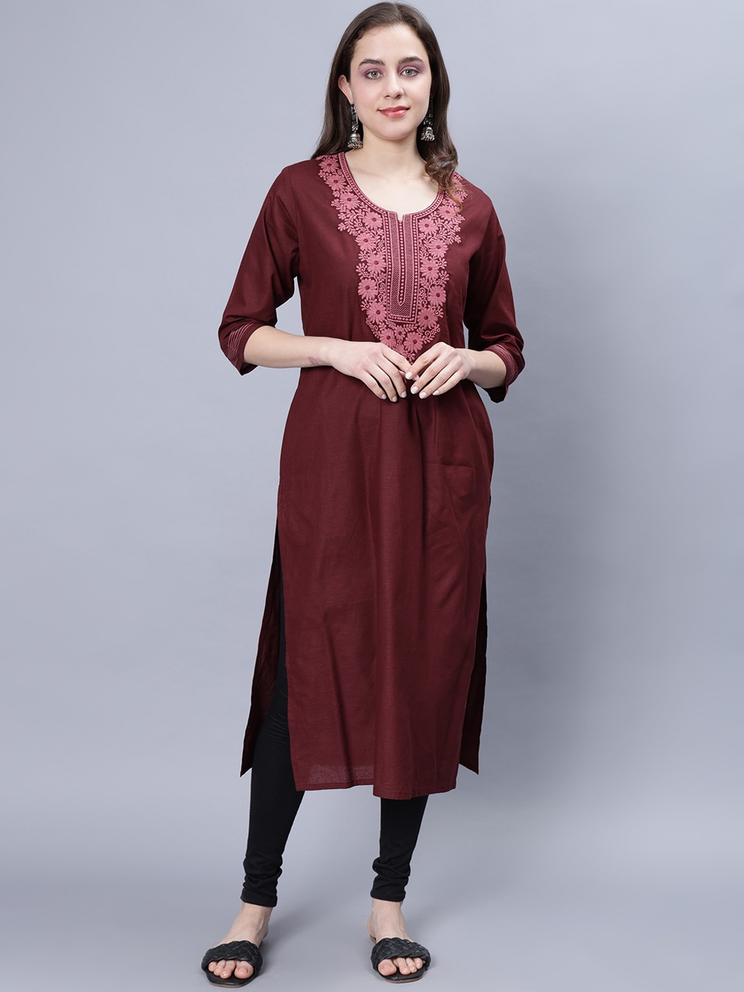 

NIGHTSPREE Women Yoke Design Thread Work Kurta, Maroon