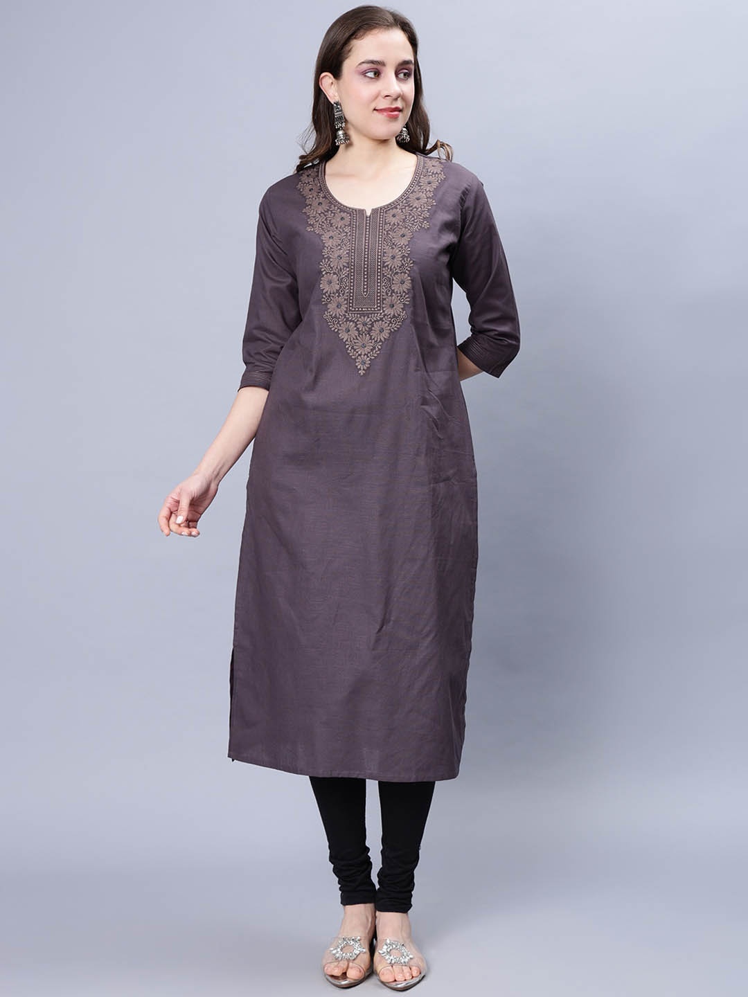 

NIGHTSPREE Women Geometric Yoke Design Thread Work Kurta, Grey