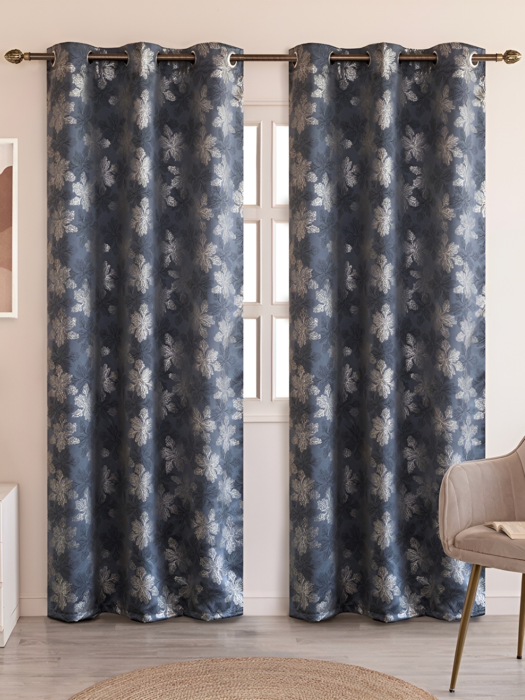 

HOMEMONDE Grey & Silver Toned 2 Pieces Floral Printed Black Out Window Curtains