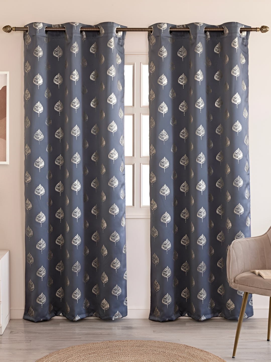 

HOMEMONDE Grey & Gold Toned 2 Pieces Floral Printed Window Curtains