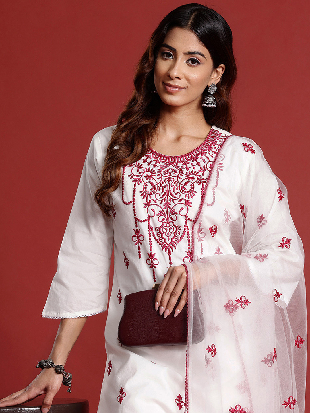 

Tikhi Imli Women Ethnic Motifs Embroidered Regular Thread Work Pure Cotton Kurta with Trousers & With Dupatta, White