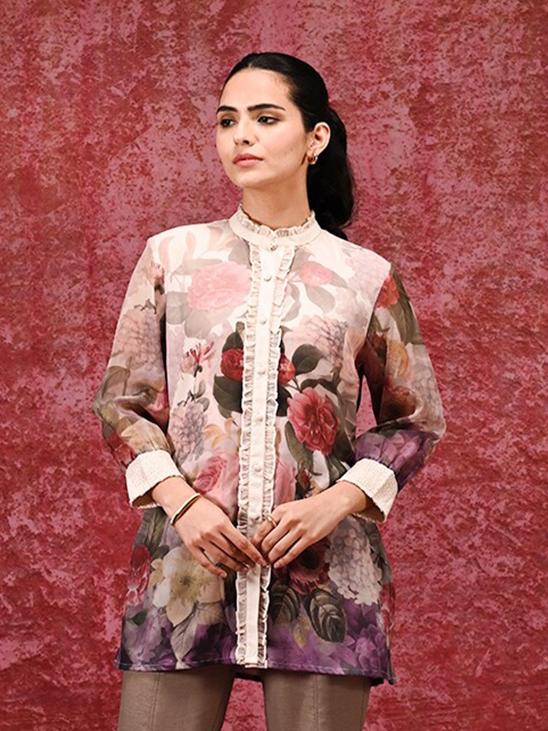 

Lakshita Women Classic Tailored Fit Semi Sheer Printed Party Shirt, Mauve