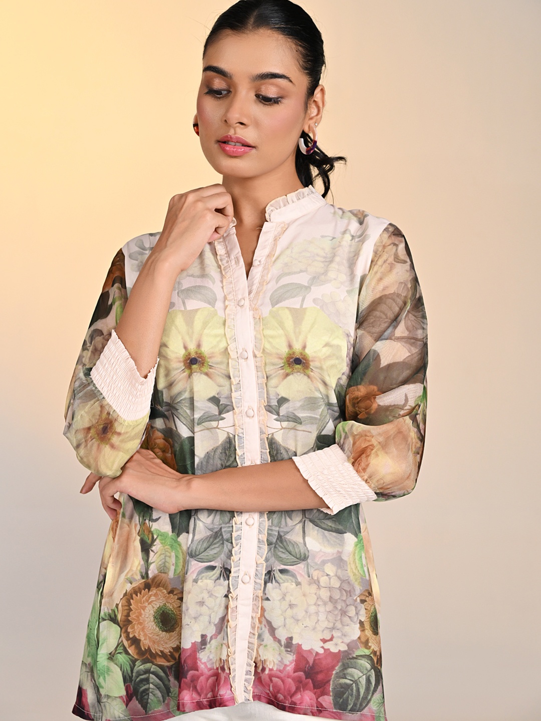

Lakshita Women Classic Tailored Fit Semi Sheer Printed Party Shirt, Green