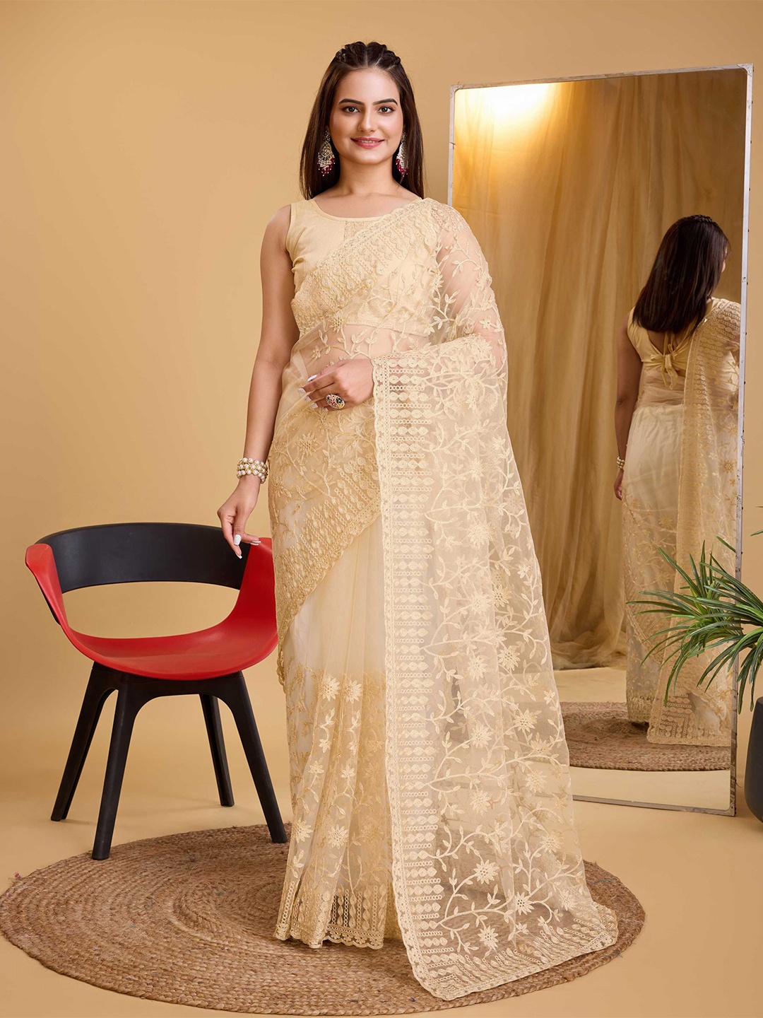 

VAIRAGEE Ethnic Motifs Embroidered Net Saree, Beige