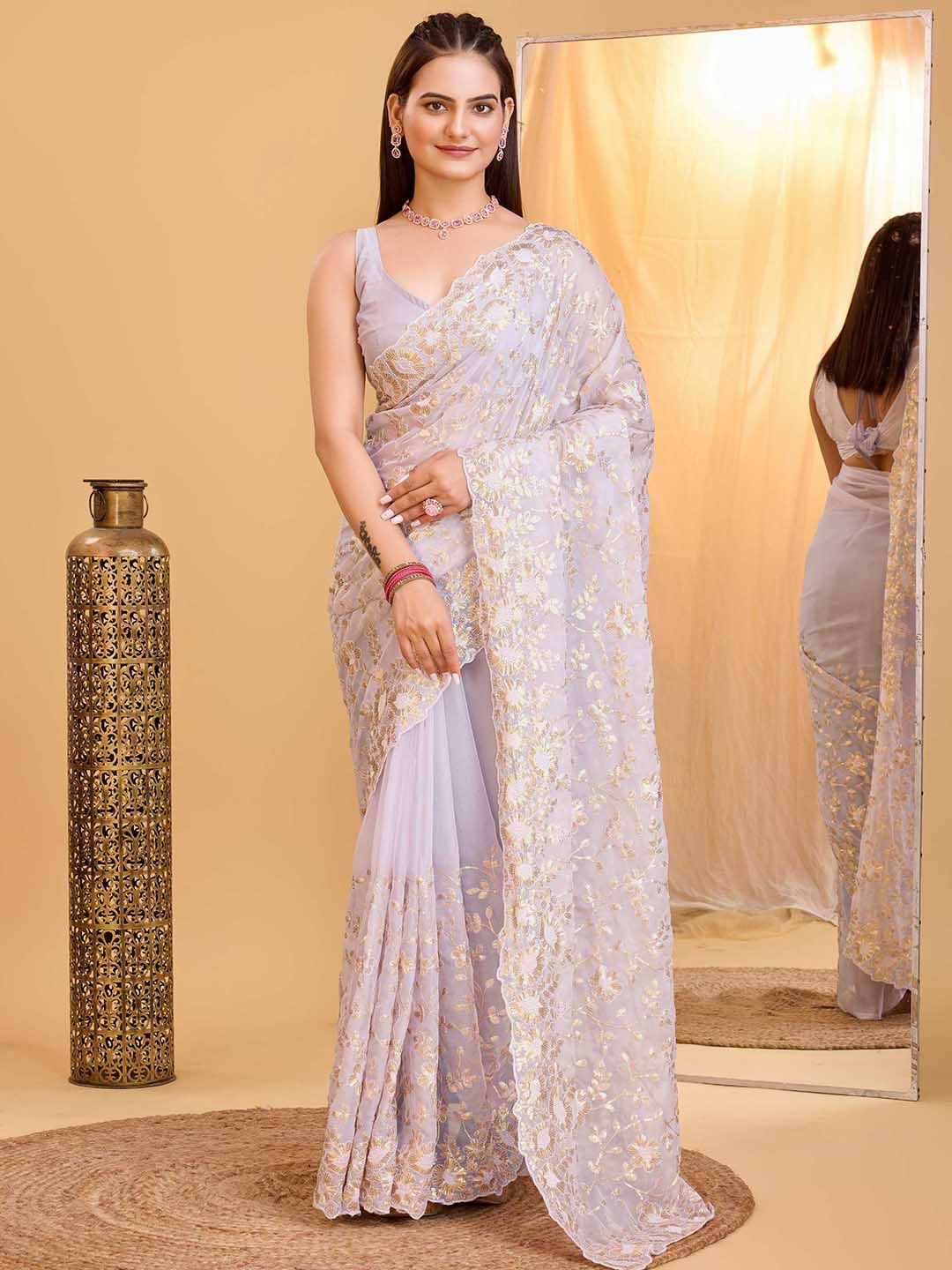 

VAIRAGEE Ethnic Motifs Embroidered Sequinned Organza Saree, Lavender