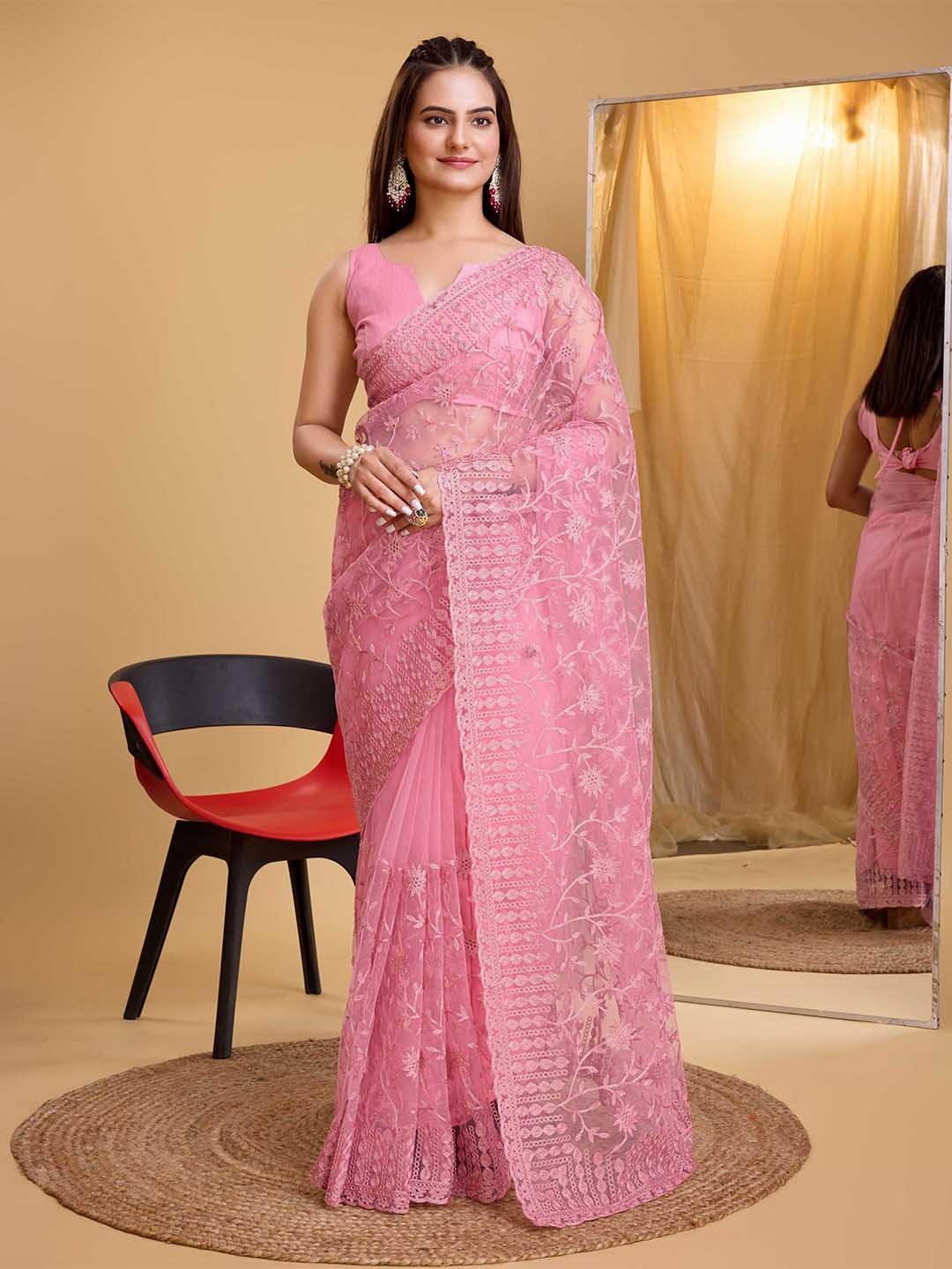 

VAIRAGEE Ethnic Motifs Embroidered Net Saree, Pink