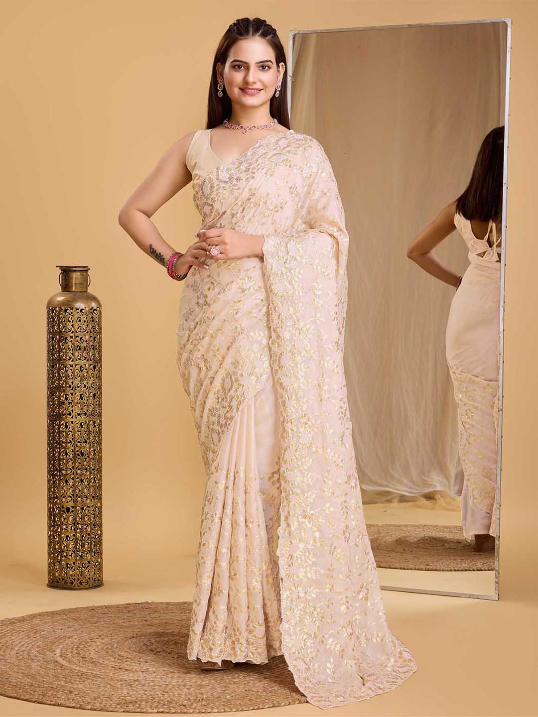 

VAIRAGEE Ethnic Motifs Embroidered Sequinned Organza Saree, Beige