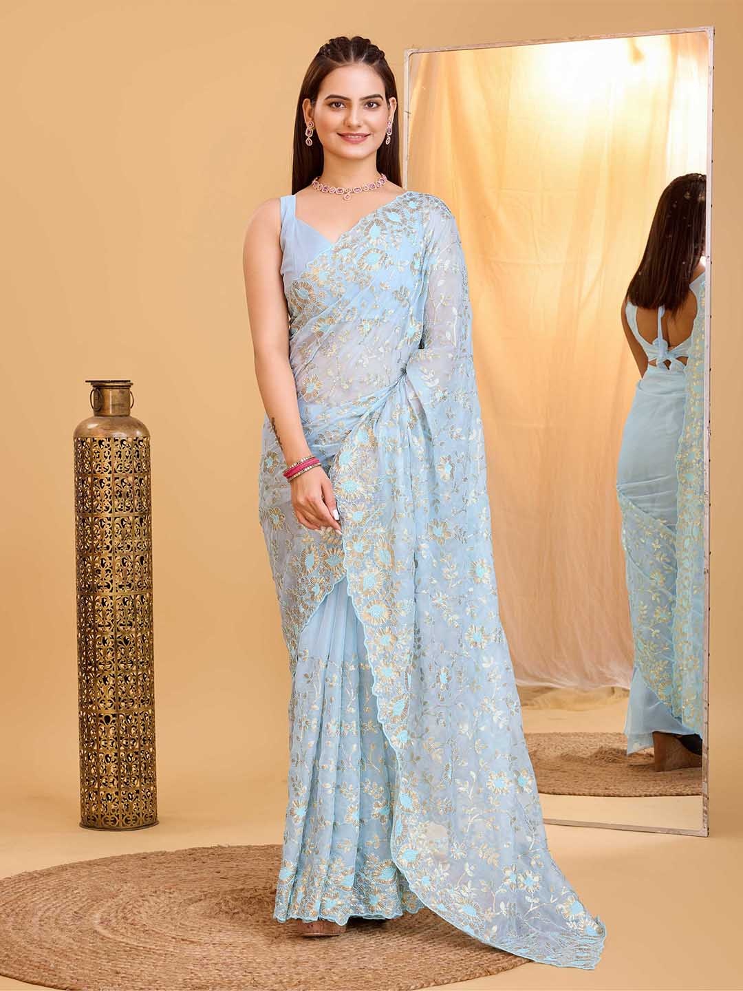 

VAIRAGEE Ethnic Motifs Embroidered Sequinned Organza Saree, Blue