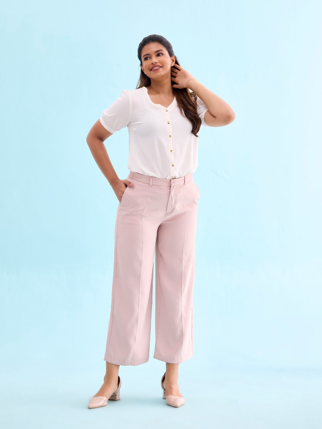 

Go Colors Women Relaxed Loose Fit High-Rise Pleated Trousers, Pink
