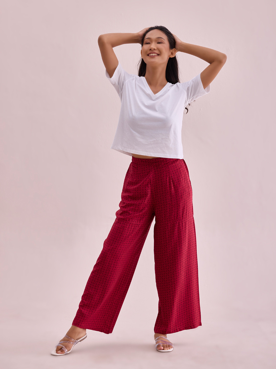 

Go Colors Plus Size Ethnic Motifs Printed Knitted Palazzos, Red