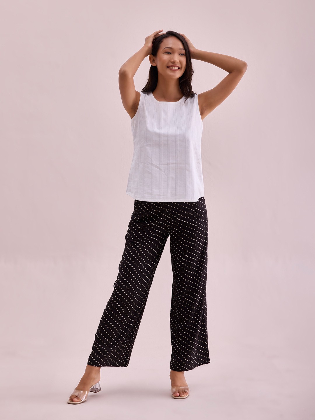 

Go Colors Plus Size Polka Dot Printed Mid Rise Knitted Palazzos, Black