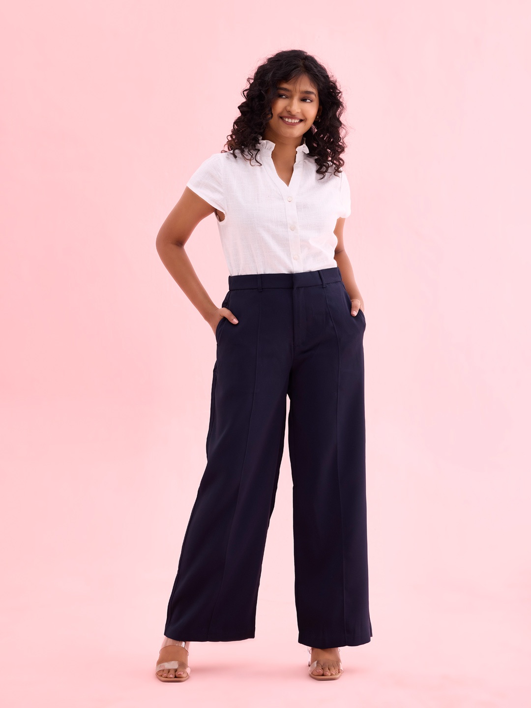 

Go Colors Women Relaxed Loose Fit High-Rise Trousers, Navy blue