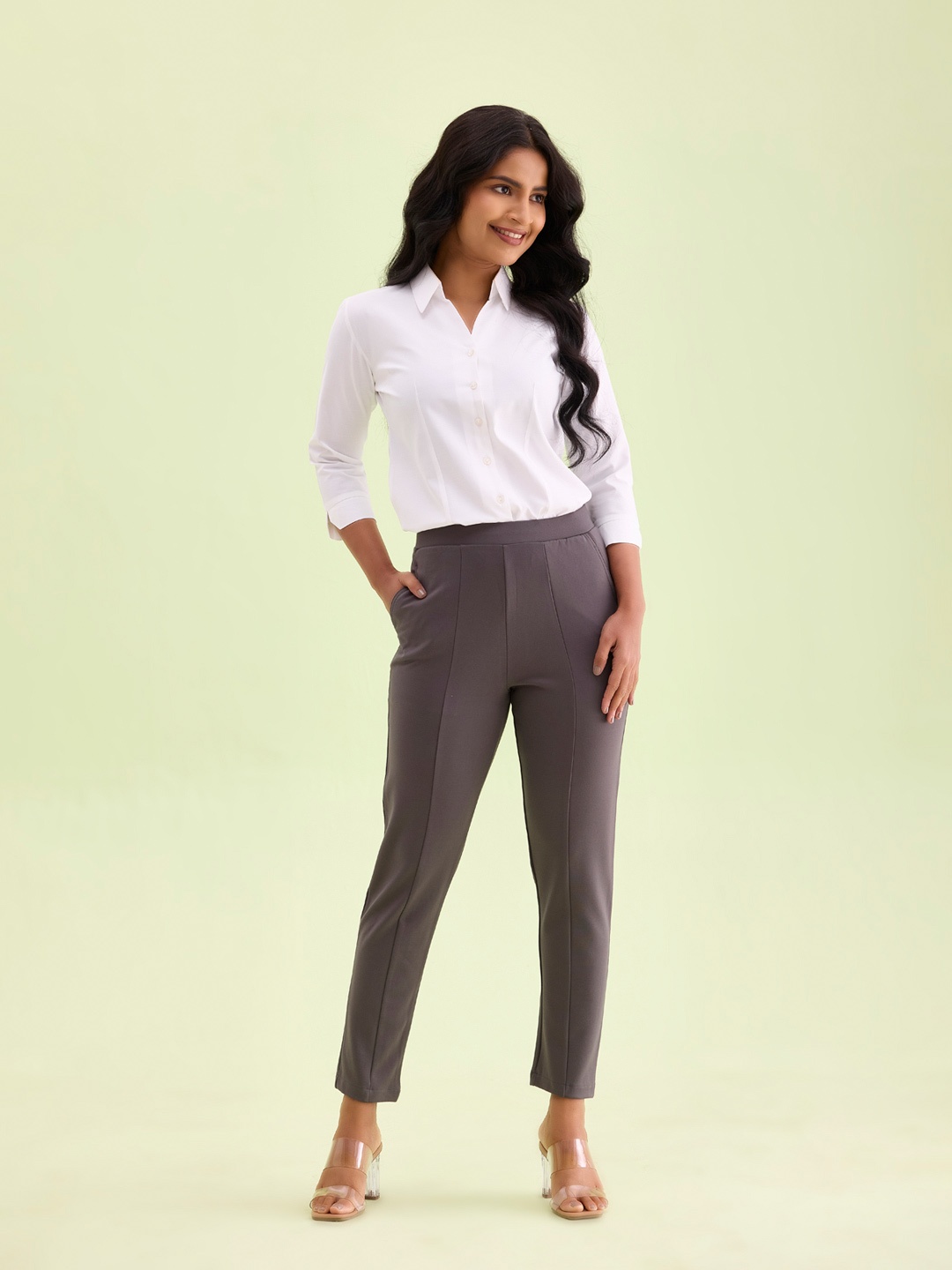 

Go Colors Women Slim Fit Pleated Trousers, Silver