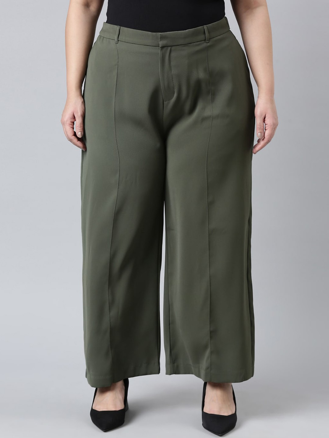

Go Colors Women Relaxed Loose Fit High-Rise Trousers, Olive