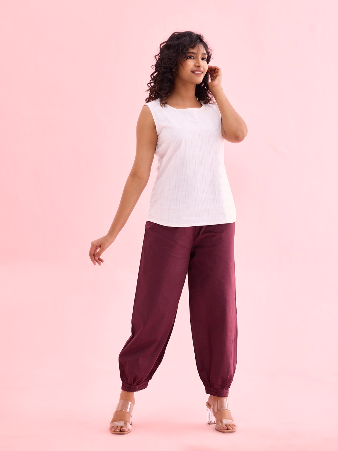 

Go Colors Women Plus Size Mid-Rise Pure Cotton Loose Fit Salwar, Burgundy