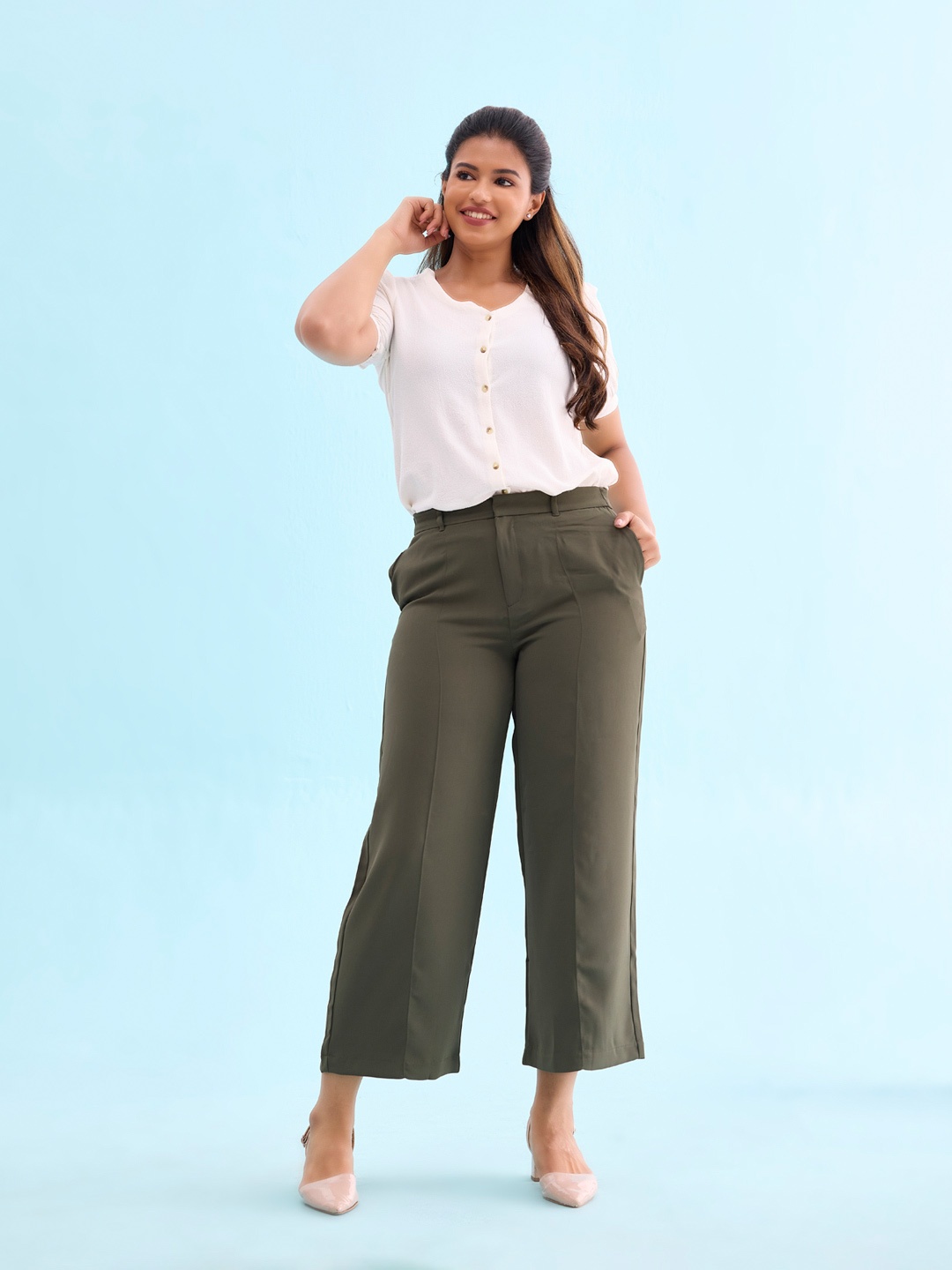 

Go Colors Women Relaxed Loose Fit High-Rise Trousers, Olive