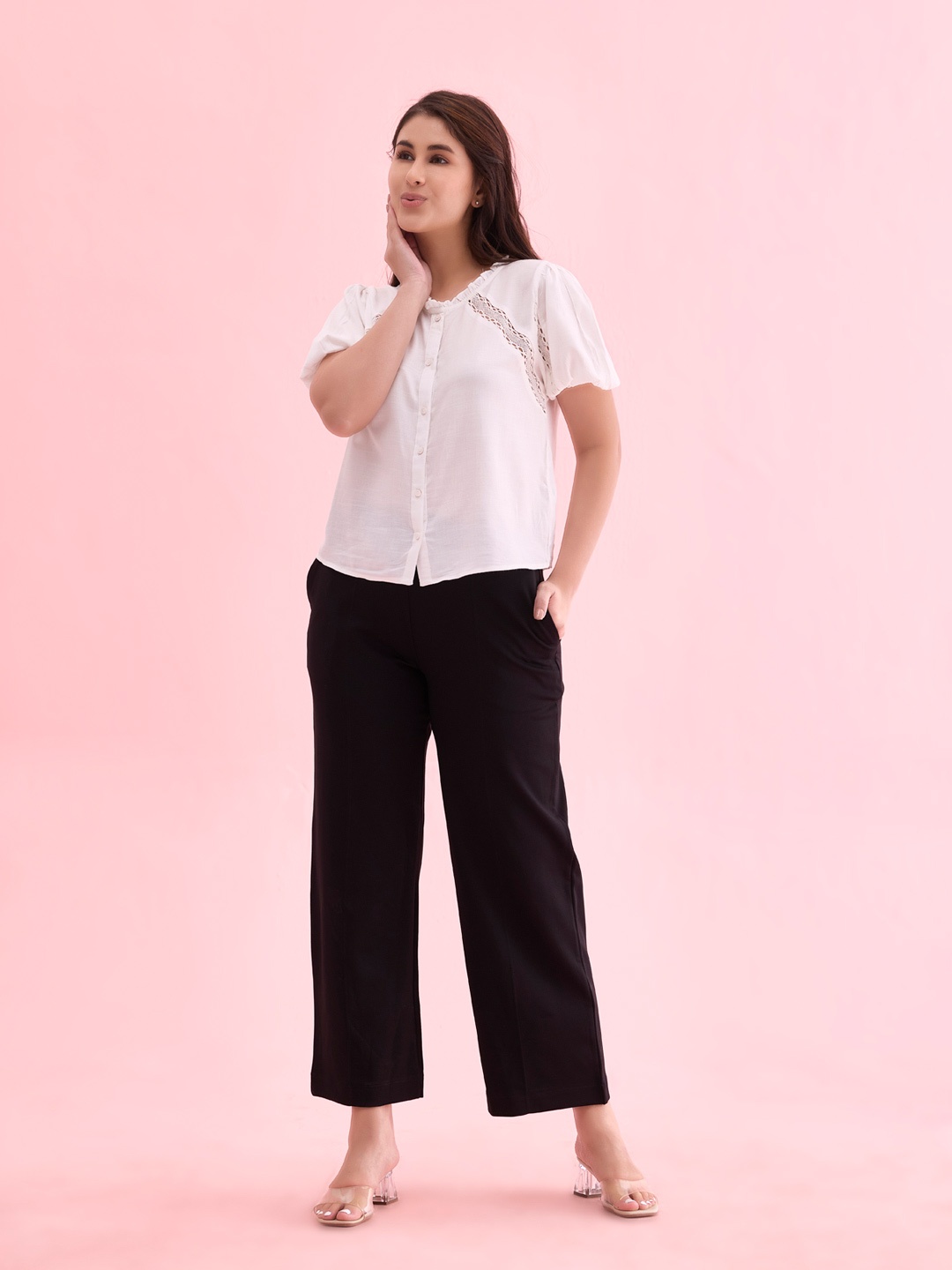Go Colors Women Relaxed Loose Fit High-Rise Trousers, Black